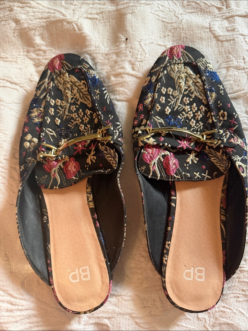 bp Black Floral Jacquard Slip-On Mules with Gold Accent